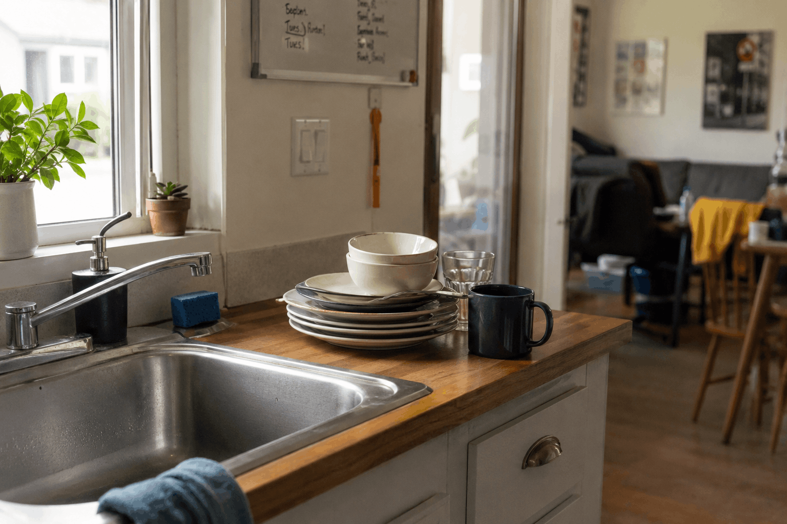 Dishes stacked beside a sink